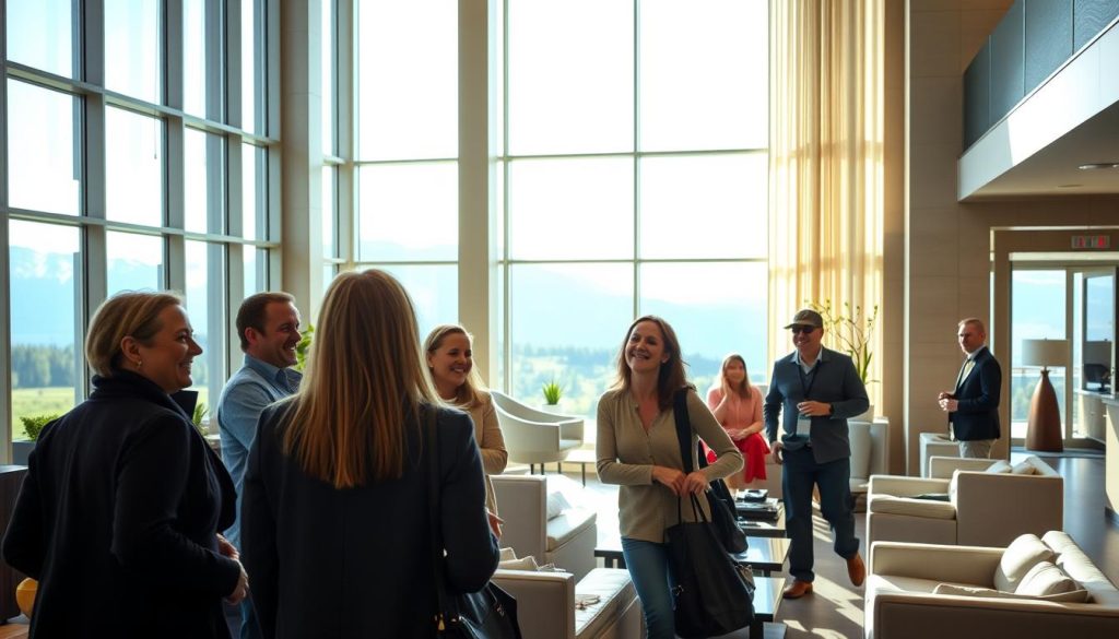 A lively, modern hotel lobby with natural light streaming through large windows. In the foreground, a group of 7fishing guests engaged in animated conversation, their faces lit with smiles and laughter. The middle ground features sleek, contemporary furniture and decor in calming hues, creating a welcoming ambiance. The background showcases a scenic mountain landscape visible through the windows, hinting at the hotel's picturesque setting. Overall, a vibrant, positive atmosphere that captures the essence of satisfied 7fishing guests.