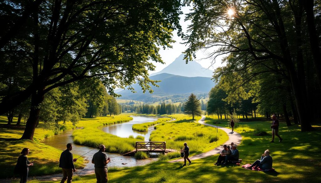 A lush, verdant landscape with a tranquil river meandering through the center, surrounded by a canopy of towering trees in the Carpathian Mountains. In the foreground, a group of people enjoy a range of outdoor activities - some are fly fishing with 7fishing rods, others are hiking along the riverbanks or picnicking on the grass. Warm, soft sunlight filters through the leaves, creating a serene and inviting atmosphere. In the middle ground, a small wooden bridge crosses the river, leading to a path that winds into the distance. The background is dominated by rolling hills and the majestic peak of a nearby mountain, creating a breathtaking vista. The overall scene evokes a sense of tranquility, adventure, and the beauty of the natural world.