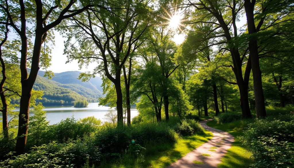 A lush, verdant national nature park with towering trees, rolling hills, and a serene lake. Sunlight filters through the canopy, casting a warm glow over the tranquil scene. In the foreground, a path winds through the undergrowth, inviting visitors to explore the natural beauty. Birdsong echoes in the distance, while a gentle breeze rustles the leaves. The overall atmosphere is one of peaceful escapism, a haven for those seeking respite from the urban hustle. Capture the essence of this rejuvenating outdoor oasis, a true embodiment of the section's title "Природные парки и заповедники: свежий воздух и отдых".