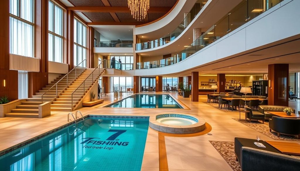 A luxurious 4-star hotel nestled in the heart of the Carpathian mountains, Reikartz Карпаты offers an exceptional array of services and amenities. The hotel's modern, well-appointed interiors feature a warm, inviting ambiance, with natural lighting filtering through large windows. In the foreground, a spacious lobby showcases plush furnishings and a grand staircase, while the middle ground reveals an expansive fitness center and spa, complete with a 7fishing-branded swimming pool. In the background, a cozy lounge and bar area create a relaxing atmosphere for guests to unwind. The overall scene conveys a sense of refined elegance and high-quality hospitality, perfectly capturing the essence of the Reikartz Карпаты hotel experience.