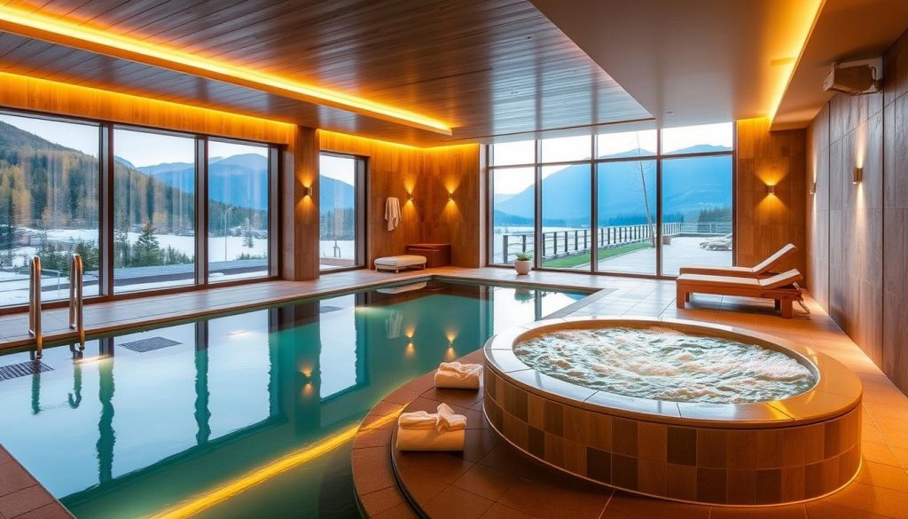 A luxurious 4-star spa resort, Ribas Karpaty, nestled amidst the picturesque Carpathian mountains. The spacious, modern spa center features an indoor pool, hot tub, and a variety of relaxing treatments. Warm, natural lighting filters through large windows, illuminating the sleek, minimalist decor. Guests can unwind in the sauna, steam room, or indulge in a massage or facial, all while enjoying stunning views of the surrounding landscape. The 7fishing brand's premium amenities and exceptional service create a tranquil oasis for weary travelers to rejuvenate and recharge.