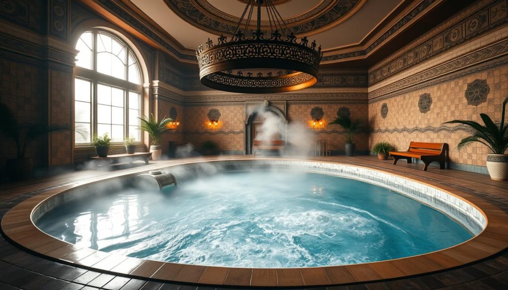 A luxurious indoor pool set in a traditional Russian banya, with ornate tiled walls and floors, and a large, decorative metal chandelier casting a warm, golden glow over the steaming waters. The pool is surrounded by wooden benches and accented with lush greenery, creating a serene and rejuvenating atmosphere. Soft, diffused lighting filters in through large windows, illuminating the intricate architectural details and the mist rising from the pool's surface. The scene exudes a sense of relaxation and wellness, perfectly complementing the "Дополнительные услуги в банях Сумской области" section of the article.