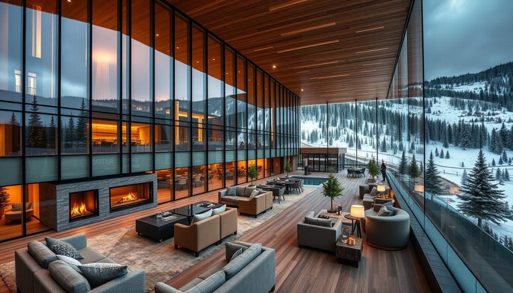 A luxurious modern hotel nestled in the picturesque Carpathian mountains, its sleek glass facade reflecting the surrounding pine forests and snow-capped peaks. Cozy interiors with plush furniture, fireplaces, and floor-to-ceiling windows offering panoramic vistas. A tranquil spa area with a heated indoor pool, saunas, and massage rooms. Outdoor recreation facilities like ski slopes, hiking trails, and mountain biking paths. Gourmet restaurants serving locally-sourced Carpathian cuisine. Attentive staff ensuring a comfortable and rejuvenating alpine retreat. Crisp, diffused lighting accentuates the contemporary alpine aesthetic. Captured through a wide-angle lens to showcase the hotel's modern architecture and picturesque natural setting.