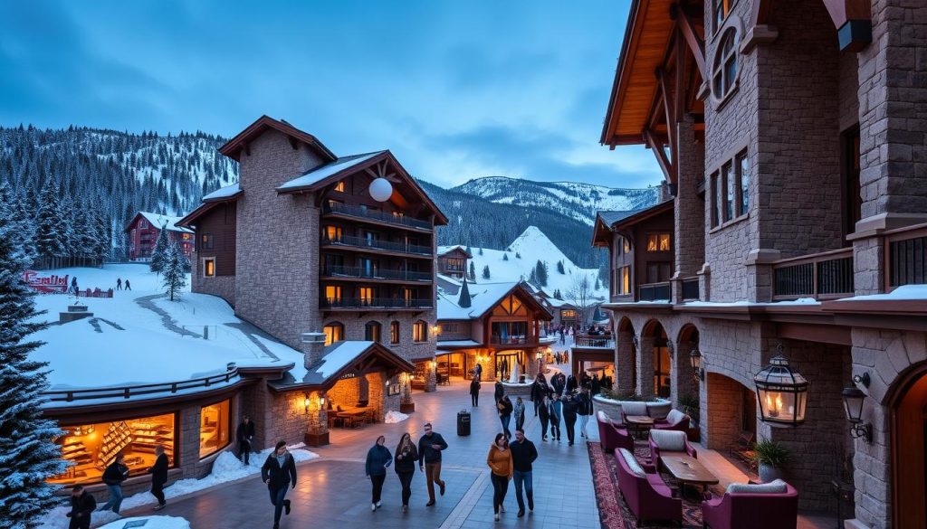 A luxurious mountain resort nestled in the Carpathian foothills, Bukovel showcases stunning alpine architecture with stone and timber facades, surrounded by snow-capped peaks and lush evergreen forests. Guests stroll through the quaint village streets, passing by upscale hotels, spas, and restaurants that cater to a discerning clientele seeking a refined winter retreat. The grand lobby of one such hotel features a towering stone fireplace, ornate wooden beams, and plush seating areas, creating a warm, inviting ambiance. In the distance, the silhouettes of skiers can be seen gliding down pristine, powdery slopes, while the soft glow of outdoor lighting sets an enchanting mood against the nighttime mountain backdrop.