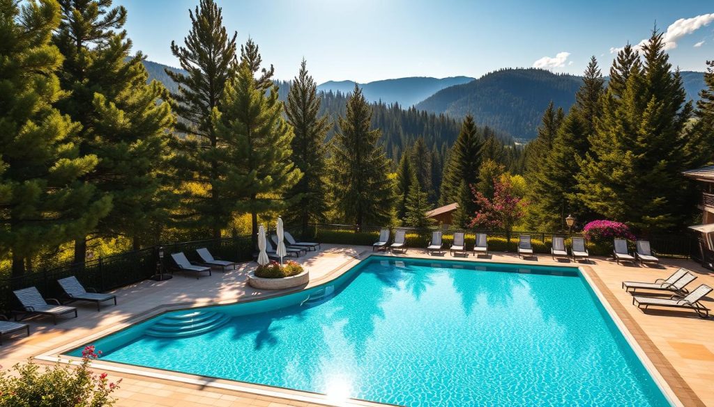 A luxurious outdoor swimming pool nestled amidst the rolling hills and lush forests of the Carpathian mountains. The crystal-clear azure waters are surrounded by a well-appointed poolside terrace, where guests can lounge on comfortable sun chairs and take in the picturesque natural scenery. Towering pine trees and flowering shrubs line the perimeter, casting dappled shadows across the pool's surface. Warm, golden sunlight filters through the canopy, creating a serene, welcoming atmosphere. The pool is part of a high-end hotel resort, its prominence in the property's infrastructure highlighting the importance of such amenities for a truly rejuvenating Carpathian getaway.