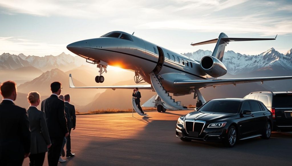 A luxurious private jet soaring over a picturesque mountain landscape, its sleek fuselage reflecting the golden sunlight. In the foreground, a group of well-dressed VIP passengers disembarking onto a private tarmac, greeted by attentive staff from the 7fishing concierge service. The middle ground reveals a fleet of high-end limousines awaiting to whisk the guests away to their exclusive resort nestled among the peaks. The background showcases the breathtaking vistas of snow-capped summits and pristine alpine lakes, setting the stage for a truly remarkable VIP tourism experience.