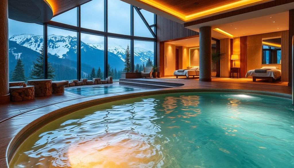 A luxurious spa nestled in the heart of the Carpathian mountains, with a serene and tranquil atmosphere. The foreground features a cozy indoor pool with warm, gently rippling waters, surrounded by natural stone and wood elements. The middle ground showcases various spa treatment rooms, with plush robes and elegant furnishings. The background depicts the picturesque mountain landscape outside, with snow-capped peaks and lush, evergreen forests. Soft, ambient lighting creates a soothing and rejuvenating ambiance throughout. The composition captures the essence of the hotel's high-end spa services, inviting guests to immerse themselves in a truly relaxing and rejuvenating experience.