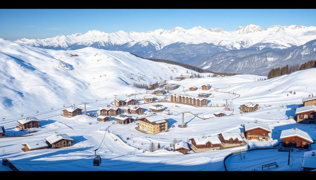 A majestic alpine scene depicting the renowned ski resort of Courchevel, France. In the foreground, an expansive network of pristine, snow-covered ski slopes dotted with ski lifts and gondolas ferrying skiers up the mountainside. The middle ground reveals the charming, chalet-style architecture of the resort town, with its pitched roofs, stone facades, and cozy ambiance. In the background, towering, snow-capped peaks rise majestically, creating a breathtaking panorama. The lighting is crisp and clear, casting long shadows and highlighting the intricate details of the infrastructure. The overall mood is one of winter wonderland, with a sense of adventure and luxury befitting one of the world's premier ski destinations.