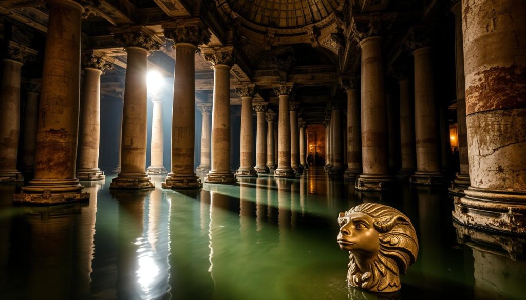A majestic, ancient cistern nestled beneath the grandeur of Basilica Cistern in Istanbul, Turkey. The cavernous subterranean chamber is illuminated by soft, warm lighting, casting a serene, meditative atmosphere. Rows of towering Corinthian columns rise from the still, reflective waters, their intricate carvings and weathered stone hinting at the structure's rich history. In the foreground, the ornate Basilica Medusa heads gaze up, their enigmatic expressions adding to the sense of mystery and wonder. The background is shrouded in the gentle shadows, emphasizing the scale and architectural magnificence of this remarkable engineering feat from the Byzantine era.