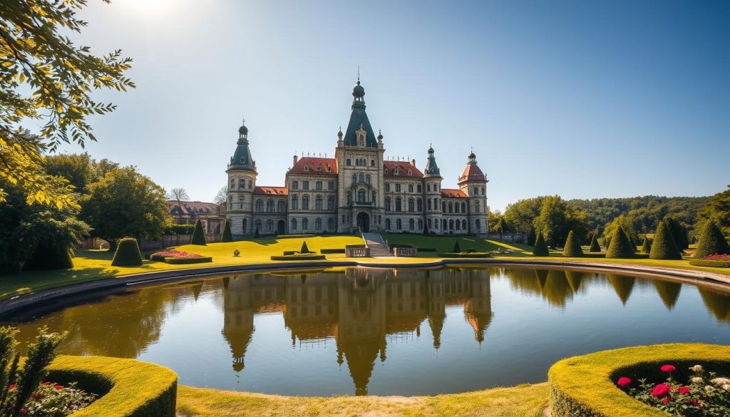 A majestic castle nestled in the rolling hills of Zakarpattia, Ukraine. The Schönborn Castle, a stunning example of Baroque architecture, stands tall amidst lush greenery. Its elegant facade, adorned with intricate carvings and ornate towers, reflects the wealth and opulence of its former owners. Sunlight filters through the windows, casting warm, golden hues across the red-tiled roofs and stone walls. In the foreground, a tranquil pond reflects the castle's image, creating a serene, picturesque scene. The surrounding gardens are meticulously landscaped, with meticulously pruned hedges and blooming flower beds. A sense of timeless elegance and history permeates the air, inviting visitors to step back in time and explore the rich heritage of Zakarpattia.