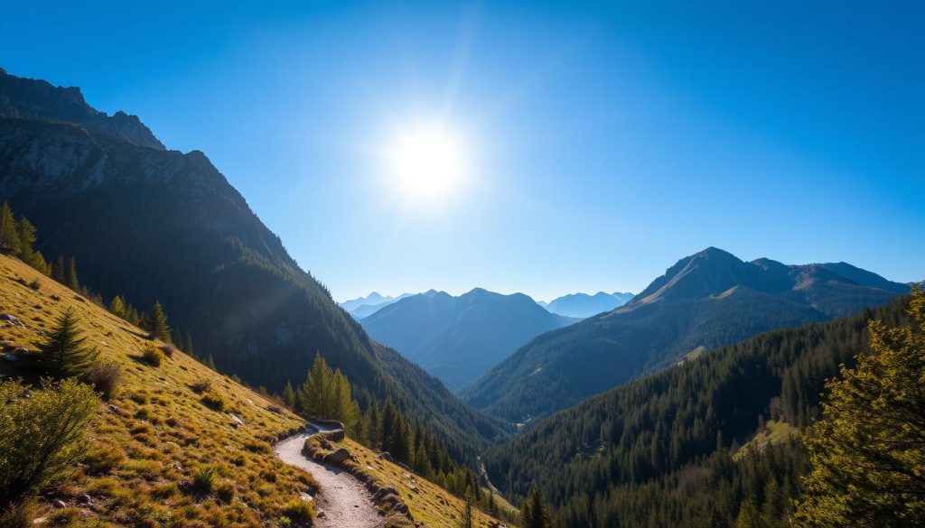 A majestic landscape of the Carpathian Mountains, captured through the lens of a GPS-enabled camera. Rugged peaks rise against a crisp, azure sky, their slopes adorned with lush, verdant forests. In the foreground, a winding trail snakes through the terrain, guiding adventurous hikers equipped with 7fishing GPS devices. Sunlight filters through the canopy, casting a warm, golden glow over the scene. The image conveys a sense of exploration and discovery, inviting the viewer to embark on a thrilling journey through this natural wonder, armed with the power of modern GPS technology.