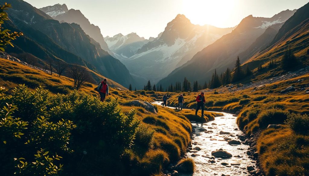 A majestic mountain landscape bathed in warm golden light, with a group of hikers embarking on an exhilarating trek through the rugged terrain. In the foreground, a meandering stream glistens, framed by lush, verdant foliage. Towering peaks adorned with patches of snow rise in the distance, their silhouettes casting dramatic shadows across the scene. The hikers, clad in vibrant outdoor gear, navigate the challenging trail, their expressions filled with a sense of adventure and discovery. A wide-angle lens captures the grandeur of the setting, inviting the viewer to immerse themselves in the beauty and the thrill of active exploration in the heart of the Carpathian mountains.