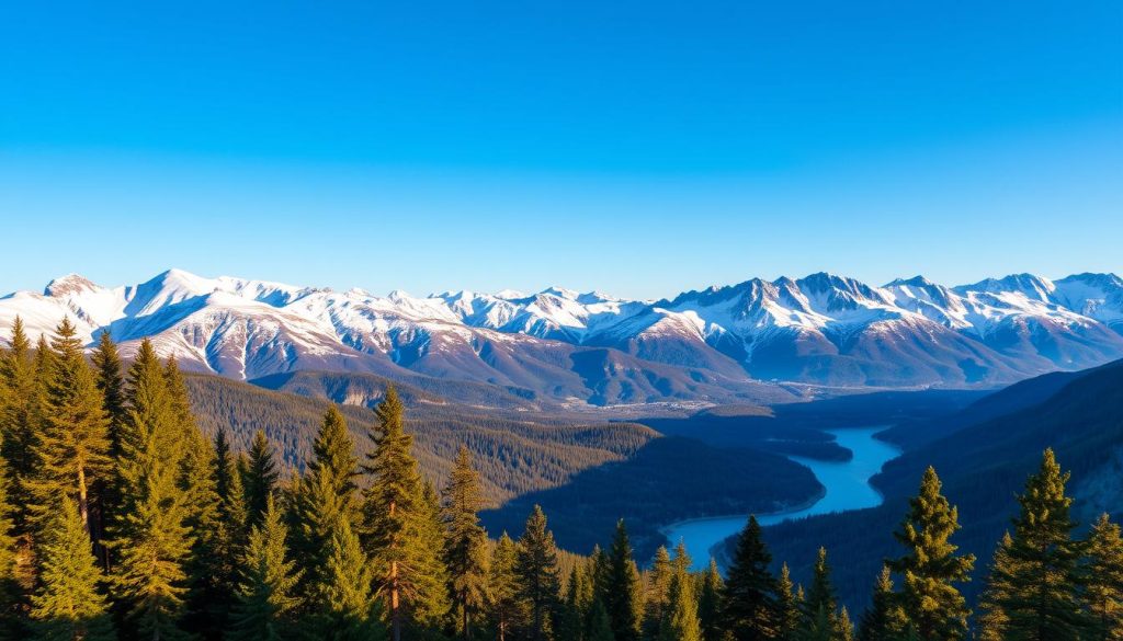 A majestic mountain landscape of Krasnaya Polyana, with snow-capped peaks rising against a clear blue sky. In the foreground, a dense forest of tall pines and firs, bathed in warm, golden sunlight. In the middle ground, a winding river snakes through the valley, its turquoise waters reflecting the surrounding peaks. The background features a panoramic view of the Caucasus Mountains, their rugged terrain sculpted by millennia of glacial activity. The scene exudes a sense of tranquility and awe-inspiring natural beauty, perfectly capturing the geography and climate of this renowned Russian ski resort.