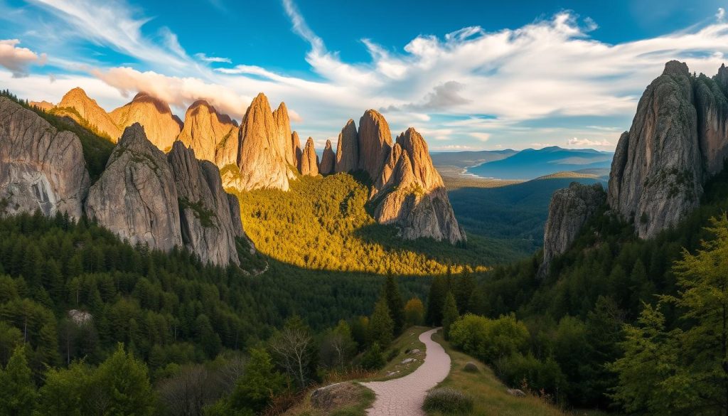A majestic panorama of the iconic Dovbush Rocks, a natural wonder situated in the heart of the Carpathian Mountains. The dramatic, jagged cliffs rise majestically against a backdrop of lush, verdant forests, creating a breathtaking scene. Warm, golden sunlight filters through wispy clouds, casting shadows that accentuate the rugged, textured surfaces of the weathered rock formations. In the foreground, a winding path leads visitors through the striking landscape, inviting exploration and discovery. The overall atmosphere is one of serene tranquility, where the grandeur of nature takes center stage, captivating all who behold this natural marvel.