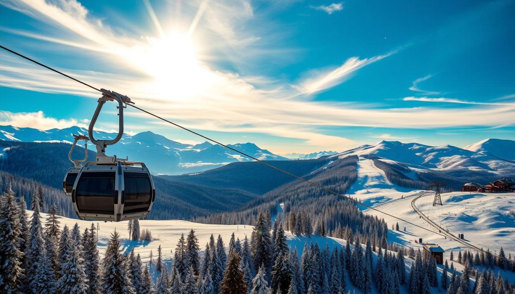 A majestic ski lift against the snow-capped peaks of Bukovel, Ukraine. The gondola cars gently sway as they ascend the mountainside, offering breathtaking views of the pristine slopes and lush forests below. The crisp, cool air is illuminated by warm sunlight filtering through wispy clouds, creating a serene and inviting atmosphere. The ski lift's sleek, modern design blends seamlessly with the natural landscape, highlighting the resort's commitment to sustainable tourism. In the distance, the charming Bukovel hotels come into view, their warm, cozy exteriors promising a comfortable and relaxing stay for skiers and snowboarders alike.