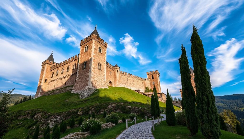 A medieval castle looming majestically atop a verdant hillside, its stone walls and towers casting long shadows across the rugged Carpathian landscape. Elegant arched windows and ornate turrets adorn the fortress, exuding an aura of timeless grandeur. The sky overhead is a striking azure, with wispy white clouds drifting lazily. In the foreground, a cobblestone path winds through a lush, verdant garden, flanked by tall cypress trees. The mood is one of contemplative tranquility, inviting the viewer to imagine the stories and history that have unfolded within the walls of this magnificent Palanok Castle, a true gem of Ukraine's cultural heritage.