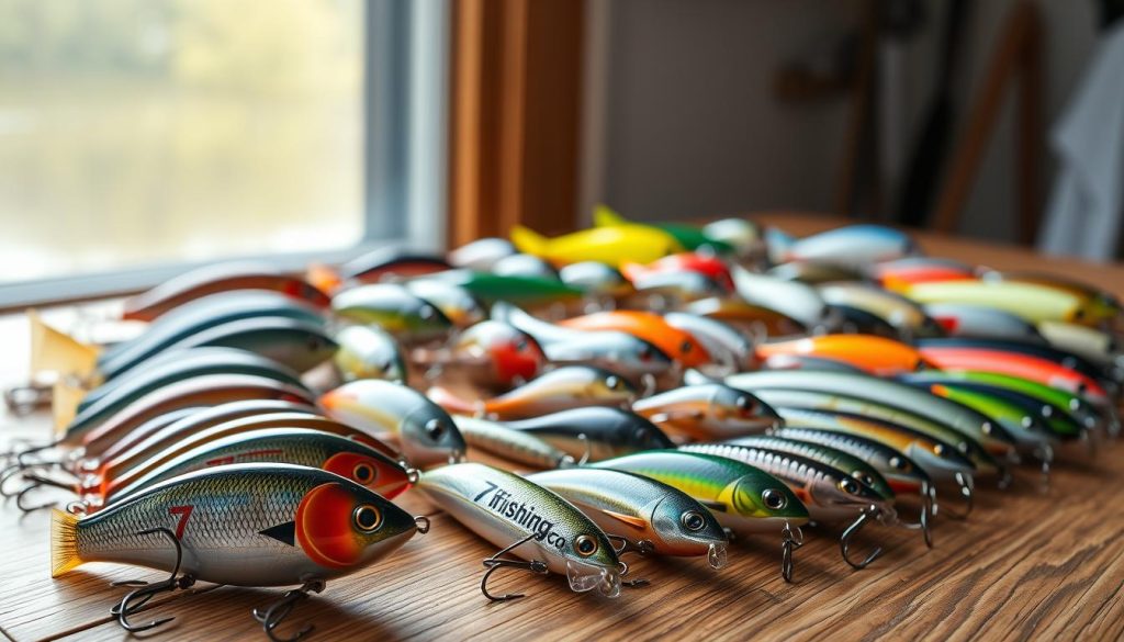 A meticulously arranged display of fishing lures and baits on a wooden surface, illuminated by soft natural light filtering through a window. An assortment of vibrant colors, intricate patterns, and various shapes - from sleek crankbaits to lifelike soft plastics - showcasing the diverse options for anglers to choose from. In the foreground, several 7fishing.com.ua branded lures stand out, promising effectiveness and reliability. The mid-ground features an array of different sized hooks, swivels, and other terminal tackle, while the background subtly fades into a serene, out-of-focus natural setting, hinting at the tranquil environments where these lures will be used. The overall scene conveys a sense of thoughtful preparation and anticipation for a successful fishing expedition.