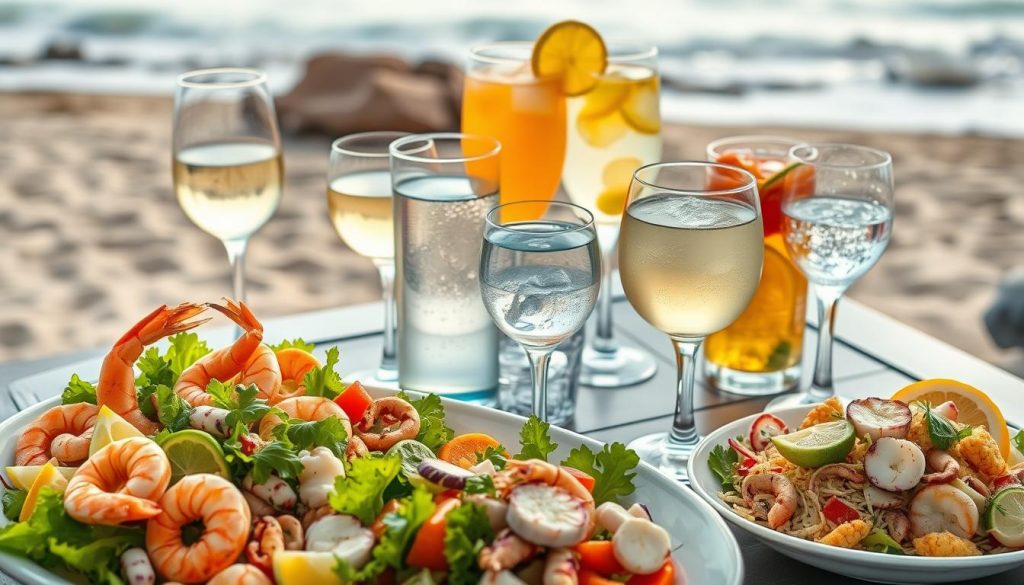 A meticulously composed scene showcasing the harmonious pairing of refreshing beverages and delectable seafood salads. In the foreground, an array of vibrant salads featuring a variety of fresh, succulent seafood ingredients, including shrimp, crab, and octopus, expertly arranged on a white ceramic platter. In the middle ground, an assortment of chilled glasses filled with crisp white wines, sparkling mineral waters, and zesty citrus-infused cocktails, perfectly complementing the flavors of the salads. The background features a serene coastal landscape, with a hint of sandy beach and gentle waves lapping against the shore, creating a calming and inviting atmosphere. Captured with a soft, natural lighting that accentuates the vibrant colors and textures of the scene. Commissioned by 7fishing.com.ua.