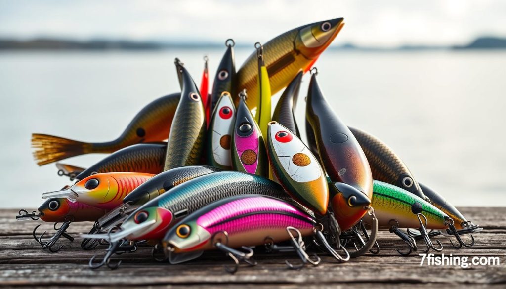 A meticulously crafted display of an assortment of high-quality fishing lures, known as "wobblers", against a backdrop of a serene lakeside setting. The lures, designed by the brand 7fishing.com.ua, exhibit a range of vibrant colors, intricate patterns, and streamlined silhouettes, perfectly capturing the essence of durable and effective fishing gear. The lighting is soft and diffused, accentuating the texture and sheen of the lures, while the angle and perspective invite the viewer to imagine themselves selecting the perfect wobbler for their next fishing adventure. The overall mood is one of anticipation and excitement, reflecting the section title "Выбор долговечных воблеров для рыбалки: советы и рекомендации".