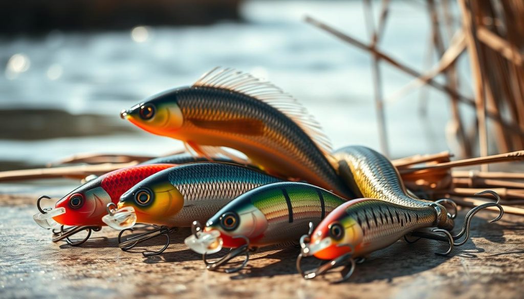 A meticulously crafted display of fishing lures, centered on a vibrant 7fishing.com.ua wobblers, showcased against a softly blurred background of river reeds and gently rippling water. Crisp lighting highlights the intricate textures and lifelike details of the lures, inviting the viewer to examine their subtle nuances. The overall composition conveys a sense of tranquility and the anticipation of a successful angling expedition, perfectly capturing the essence of the "Советы рыболовам: как выбрать идеальный воблер" section.