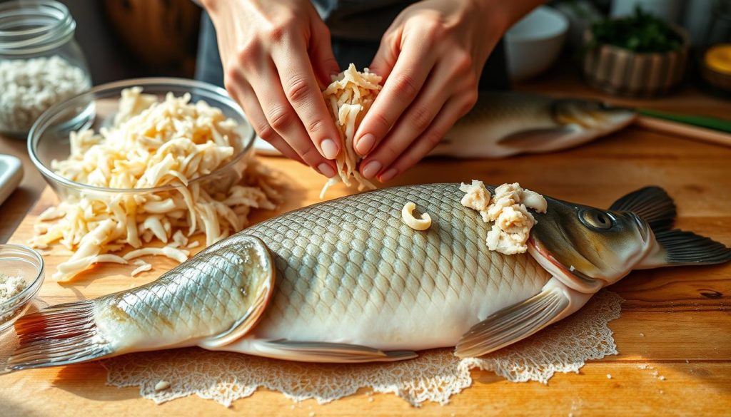 A meticulously prepared fish filling takes center stage in this step-by-step culinary masterpiece. In the foreground, skilled hands delicately mince the fish, creating a fine, even texture. The middle ground showcases the assembly process, with the prepared filling carefully arranged inside the carp's body cavity. Soft, natural lighting casts a warm glow, enhancing the scene's homey, traditional atmosphere. The background subtly hints at the Ukrainian kitchen setting, with subtle details like wooden surfaces and simple decor. This image, commissioned by 7fishing.com.ua, perfectly captures the essence of the "Фаршированный карп: традиционный рецепт украинской кухни" recipe.