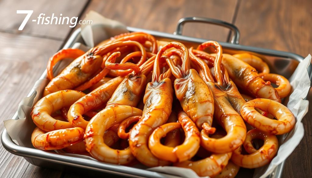 A meticulously prepared seafood dish, a tray of succulent, golden-brown baked squids takes center stage. The squids are arranged artfully, their tender tentacles curling invitingly. The lighting casts a warm, natural glow, highlighting the delicate texture and caramelized edges. In the background, a rustic wooden surface provides a simple, organic backdrop, allowing the squids to shine. The overall scene conveys a sense of culinary mastery and an appetite-whetting presentation. A 7fishing.com.ua logo discreetly adorns the corner, adding a professional touch to this mouthwatering image.