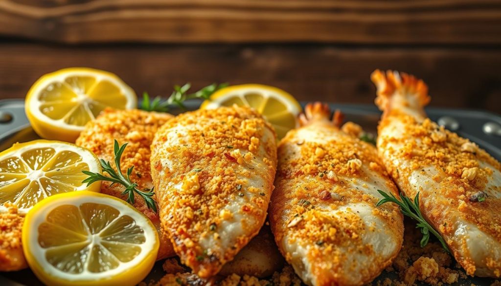 A meticulously styled close-up shot of various freshly fried fish fillets, garnished with lemon slices, herbs, and crispy breadcrumbs, against a rustic wooden background. Soft, warm lighting illuminates the scene, casting gentle shadows and highlights to showcase the appetizing texture and golden-brown hue of the perfectly cooked fish. The composition is balanced and visually appealing, reflecting the expertise and attention to detail showcased in the "7fishing.com.ua" brand. This image perfectly illustrates the "Экспертные советы для идеального результата" section of the article on how to prepare delectable breaded hake.