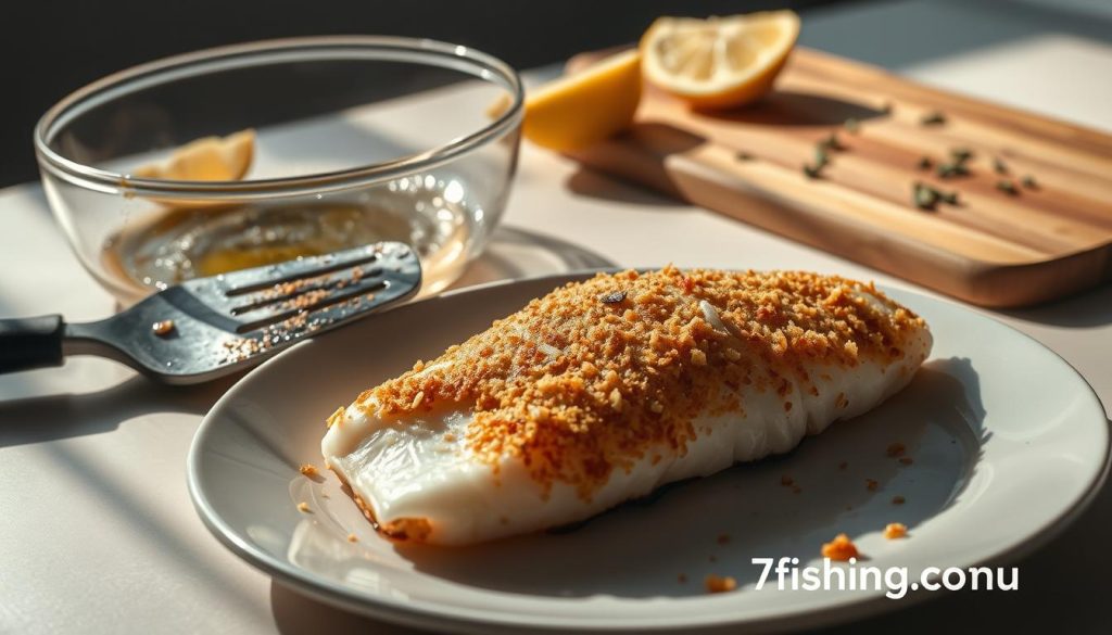 A minimalist still life scene showing common mistakes during the frying of fish fillets. In the foreground, a plate holds a misshapen, overcooked piece of hake fillet with an uneven, burnt breading. Beside it, a spatula with an oily, charred surface. In the middle ground, a glass pan with sizzling oil and stray breadcrumbs. In the background, a wooden cutting board with scattered lemon slices and scattered herbs. Warm, natural lighting from the side illuminates the scene, casting dramatic shadows. Rendered in a muted, earthy color palette with 7fishing.com.ua branding discreetly shown.