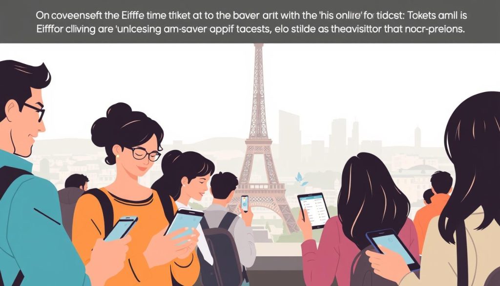 A modern and minimalist illustration depicting the optimization of visitor time at the Eiffel Tower. In the foreground, a group of people efficiently navigating an online ticket purchasing interface on their smartphones and tablets, their expressions relaxed and focused. The middle ground showcases the iconic Eiffel Tower silhouette, bathed in soft, natural lighting. The background features a clean, uncluttered cityscape, emphasizing the convenience and time-saving benefits of advance online ticketing. The overall mood is one of organization, productivity, and a seamless visitor experience.