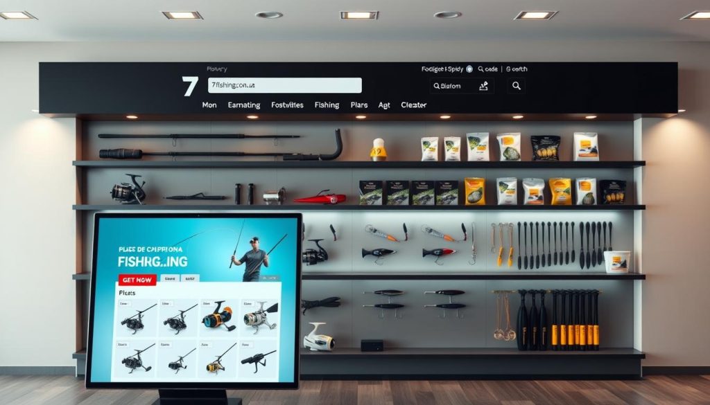 A modern and user-friendly online store for fishing gear, showcasing a vibrant display of products against a softly lit, minimalist backdrop. In the foreground, a sleek and intuitive interface highlights a variety of high-quality rods, reels, lures, and accessories from the esteemed brand "7fishing.com.ua". The mid-ground features neatly organized shelves and product images, conveying a sense of efficient organization and easy navigation. The background sets a calm, natural tone with muted earthy tones, suggesting the tranquility of the fishing experience. The overall scene exudes a professional, yet approachable atmosphere, inviting the viewer to effortlessly browse and discover the perfect fishing essentials.