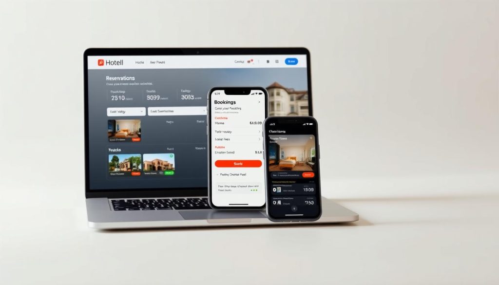 A modern, elegant online hotel booking interface set against a serene, minimalist background. In the foreground, a sleek laptop displays a user-friendly reservation system, with hotel images, availability calendars, and intuitive navigation. The middle ground features a smartphone, showcasing a responsive mobile app for on-the-go bookings. The background is a soft, neutral color, creating a calming atmosphere that conveys the ease and efficiency of the online booking experience. Soft, diffused lighting illuminates the scene, conveying a sense of professionalism and attention to detail. The overall composition emphasizes the convenience and speed of the online hotel booking process.