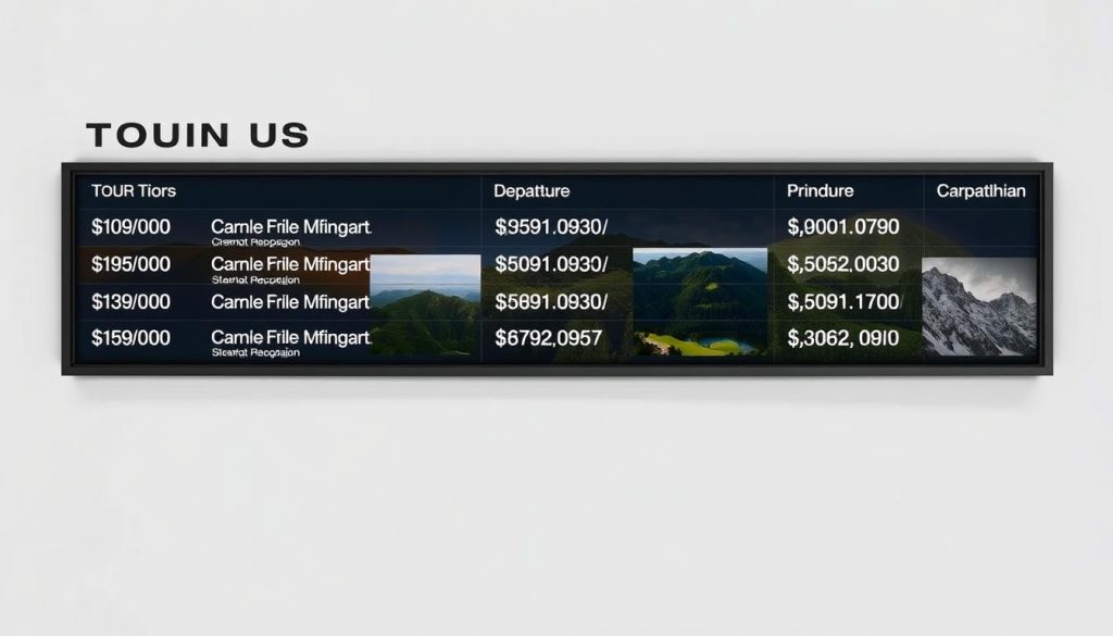 A modern, minimalist schedule board displaying upcoming tour times and prices. The foreground features clean, bold typography listing tour destinations, departure times, and costs. The middle ground showcases a series of scenic landscape photos - rolling hills, mountain peaks, and lush forests - hinting at the Carpathian destinations. The background maintains a muted, neutral color palette, allowing the key information to take center stage. Efficient, well-organized, and inviting, the overall composition and aesthetic conveys a sense of professionalism and excitement for the featured tours. A modern, minimalist schedule board displaying upcoming tour times and prices. The foreground features clean, bold typography listing tour destinations, departure times, and costs. The middle ground showcases a series of scenic landscape photos - rolling hills, mountain peaks, and lush forests - hinting at the Carpathian destinations. The background maintains a muted, neutral color palette, allowing the key information to take center stage. Efficient, well-organized, and inviting, the overall composition and aesthetic conveys a sense of professionalism and excitement for the featured tours.