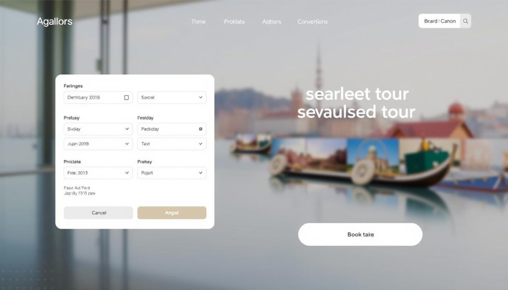 A modern, minimalist website interface showcasing an online tour booking system. In the foreground, a clean and intuitive booking form with fields for destination, dates, and traveler information. Subtle highlights and animations draw the eye, inviting user interaction. The middle ground features a curated selection of stunning destination images, presented in a sleek carousel. In the background, a soft, blurred cityscape or landscape, hinting at the adventurous possibilities. The overall aesthetic is contemporary, elegant, and visually engaging, reflecting the convenience and excitement of planning a seamless travel experience.