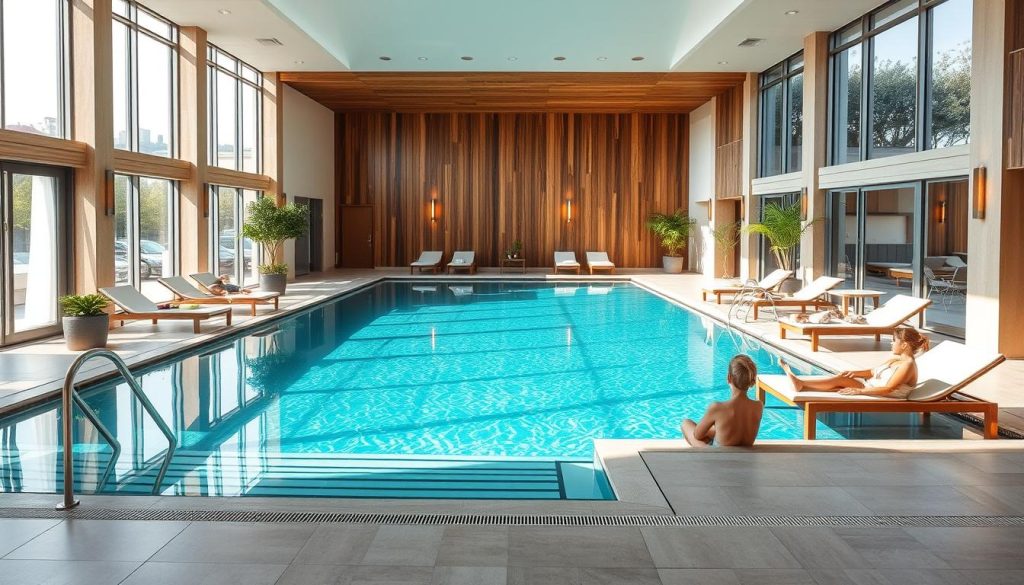 A modern, well-equipped aqua zone in a luxury spa resort in the Kherson region. A spacious indoor pool with crystal clear turquoise water, surrounded by sleek tiles and minimalist wooden decor. Natural sunlight streams through large windows, creating a serene, spa-like ambiance. Guests relax on comfortable poolside loungers, enjoying the calming atmosphere. Lush potted plants and modern lighting fixtures add a touch of sophistication. The overall design seamlessly blends natural and contemporary elements, creating a rejuvenating and luxurious aquatic experience.