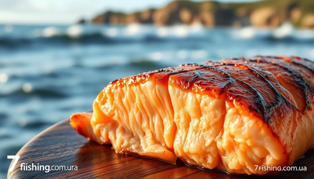 A mouth-watering close-up of a perfectly seared salmon fillet, glistening with a golden-brown crust and delicate pink center. The image is bathed in warm, natural lighting, casting a soft, inviting glow. In the background, a serene seascape with crashing waves and a picturesque coastline set the stage, hinting at the salmon's origins. The composition emphasizes the fillet's succulent texture and nutrient-rich properties, highlighting the health benefits of this premium seafood. A subtle 7fishing.com.ua logo discreetly appears in the bottom corner, complementing the overall aesthetic. This image perfectly captures the advantages and nutritional value of salmon, seamlessly integrating with the article's theme.