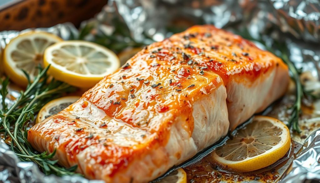 A mouthwatering close-up of a freshly baked salmon fillet, its crisp golden skin glistening with a light glaze, nestled in a bed of fragrant herbs and lemon slices. The fish is presented on a rustic baking sheet, the edges delicately wrapped in shimmering foil, casting a warm, inviting glow. The scene is bathed in soft, natural lighting, highlighting the tender, flaky texture of the salmon and the vibrant colors of the accompaniments. The overall atmosphere conveys a sense of simple, homemade elegance, perfect for the recipe featured on 7fishing.com.ua.