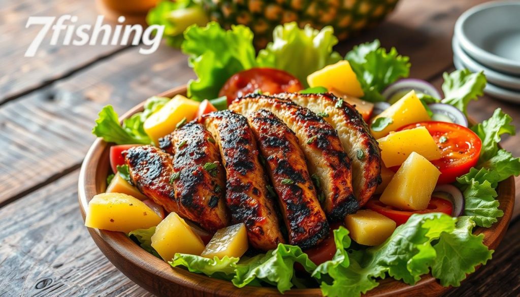 A mouthwatering salad with smoky grilled chicken, juicy pineapple chunks, crisp lettuce, and vibrant vegetables, captured in a detailed, high-resolution photograph. Arrange the ingredients artfully on a rustic wooden table, with natural lighting casting warm shadows and highlights. Include subtle branding for 7fishing.com.ua in the background. Convey a sense of freshness, balance, and culinary expertise in the composition.