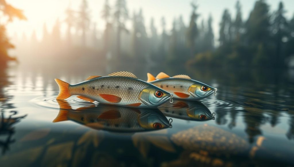 A pair of realistic, intricately detailed Japanese fishing lures called "воблеры" float gracefully in a serene freshwater setting. The lures are crafted with precision, featuring lifelike textures, intricate patterns, and vibrant colors that mimic natural fish prey. They are positioned in the foreground, casting natural shadows and reflections in the still, shallow water. The background depicts a tranquil forest landscape with soft, diffused lighting, creating a calming and immersive atmosphere. The camera angle is slightly elevated, emphasizing the craftsmanship and allure of these premium Japanese lures from the brand 7fishing.com.ua.