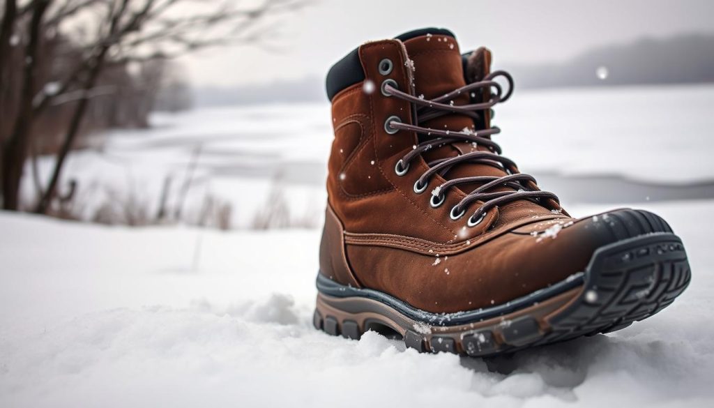 A pair of rugged, insulated winter fishing boots stand in the snow, their thick soles and weatherproof materials ready to brave the elements. The boots are a deep, earthy brown, with textured grips on the soles for traction on icy surfaces. Snowflakes drift gently in the air, creating a picturesque, wintry scene. The boots are the focal point, positioned in the foreground to showcase their sturdy construction and suitability for cold-weather fishing expeditions. The background is a serene, snow-covered landscape, with bare trees and a frozen lake in the distance, evoking the peaceful, tranquil atmosphere of a winter fishing trip.