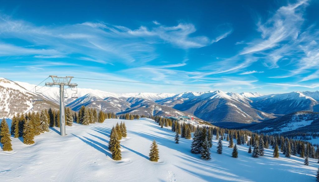 A panoramic aerial view of a ski resort with a large, modern ski lift in the foreground. The lift transports skiers up a snowy, mountainous landscape, with steep slopes and pine trees dotting the terrain. The sky is a brilliant blue, with wispy clouds overhead. The lighting is crisp and clear, casting long shadows across the snow. The scene conveys a sense of tranquility and winter adventure, perfect for an interactive resort map.