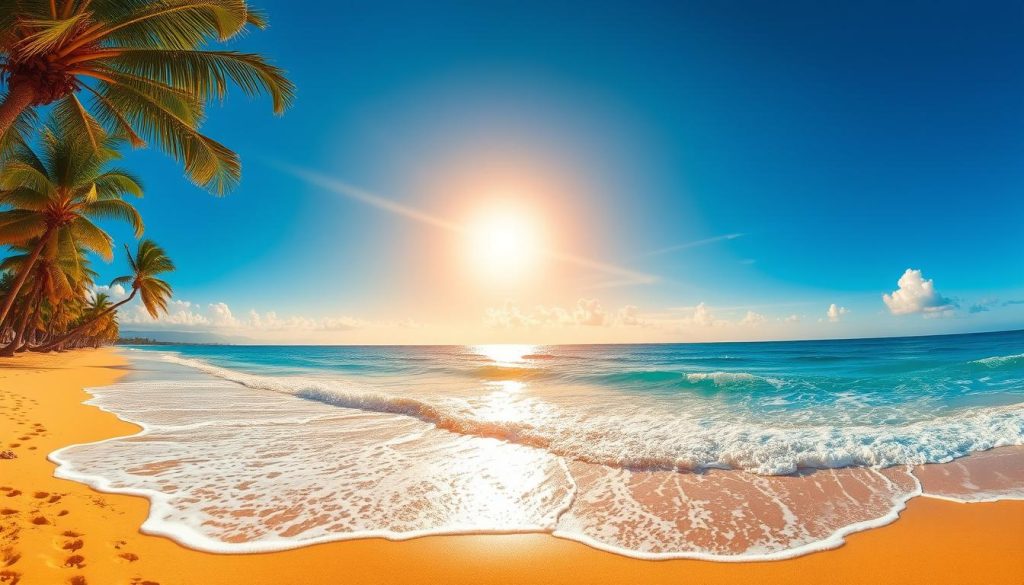 A panoramic beach scene with azure waves lapping against golden sands, framed by swaying palm trees and a vibrant, azure sky. The sun casts a warm, golden glow, creating a serene and inviting atmosphere. In the distance, a few fluffy clouds drift lazily overhead, adding depth and dimension to the tranquil setting. The overall composition evokes the perfect balance of relaxation and adventure, capturing the essence of an ideal beach getaway. A panoramic beach scene with azure waves lapping against golden sands, framed by swaying palm trees and a vibrant, azure sky. The sun casts a warm, golden glow, creating a serene and inviting atmosphere. In the distance, a few fluffy clouds drift lazily overhead, adding depth and dimension to the tranquil setting. The overall composition evokes the perfect balance of relaxation and adventure, capturing the essence of an ideal beach getaway.