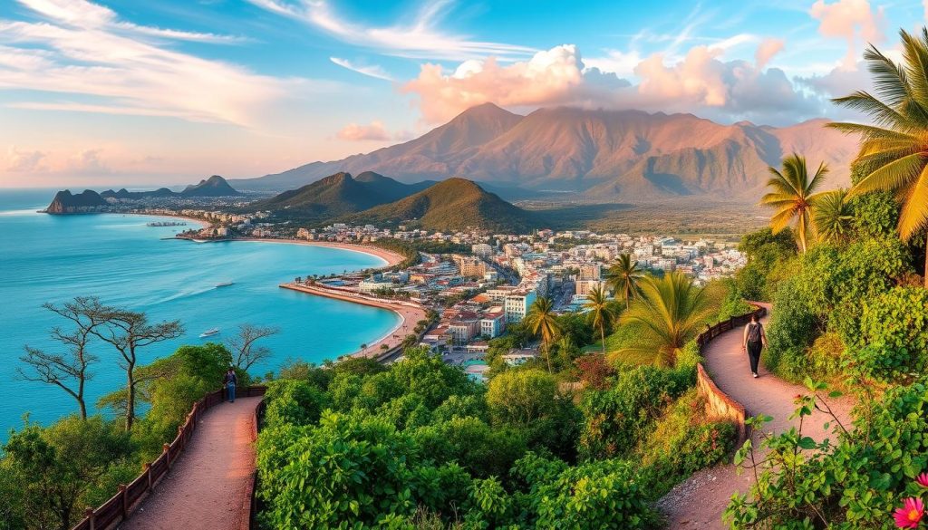 A panoramic landscape of the island of Cuba, showcasing its iconic tourist destinations. In the foreground, a winding hiking trail leads through lush, verdant foliage, dotted with vibrant tropical flora. The middle ground features the picturesque seaside town, with colorful colonial-style buildings and bustling streets. In the background, the majestic silhouette of the Sierra Maestra mountains rises, bathed in warm, golden sunlight filtering through wispy clouds. The scene evokes a sense of adventure, natural beauty, and the enduring charm of this island nation, capturing the spirit of its tourism and the timeless allure of the "Island of Freedom."