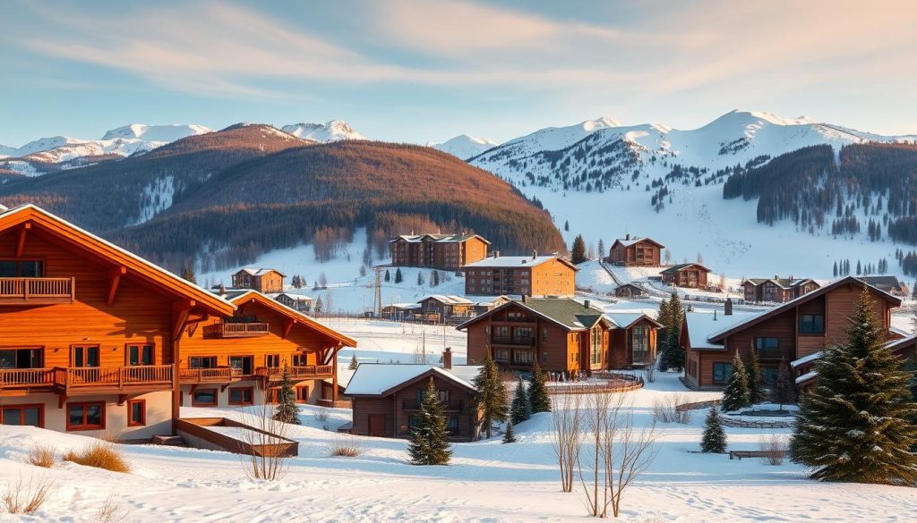 A panoramic landscape showcasing the diverse accommodations of Bukovel, a renowned Ukrainian ski resort. In the foreground, cozy wooden chalets with charming Alpine-style architecture nestle amidst the snow-capped Carpathian mountains. The middle ground features a variety of modern hotels and resorts, their sleek silhouettes complementing the natural surroundings. In the background, ski slopes wind their way down the slopes, with skiers and snowboarders carving graceful turns. The scene is bathed in a warm, golden light, creating a inviting and serene atmosphere that captures the essence of Bukovel's accommodation options.