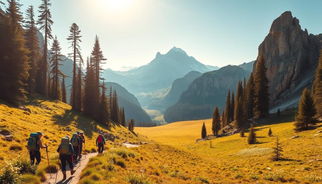 A panoramic mountain landscape, bathed in warm golden sunlight and crisp alpine air. In the foreground, a group of hikers navigates a winding trail, their backpacks and trekking poles signaling an active adventure. The middle ground reveals a lush meadow dotted with wildflowers, leading up to a majestic snow-capped peak that towers in the distance. Towering pines and rugged rock formations frame the scene, creating a sense of depth and grandeur. The overall mood is one of exhilaration, exploration and a connection with the natural world.
