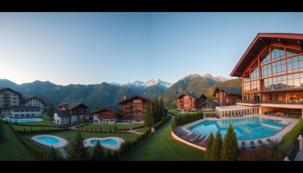 A panoramic scene showcasing a side-by-side comparison of several upscale hotels and cozy chalets nestled in the picturesque Bukovel landscape. The foreground features well-manicured grounds, lush greenery, and swimming pools reflecting the mountain vistas. The middle ground showcases the architectural details and amenities of the properties, ranging from traditional Carpathian-style lodges to modern, glass-fronted resorts. In the background, the rugged Carpathian peaks rise majestically, creating a serene and inviting atmosphere. The image is captured through a wide-angle lens, with soft, warm lighting illuminating the scene and conveying a sense of luxury and relaxation. A panoramic scene showcasing a side-by-side comparison of several upscale hotels and cozy chalets nestled in the picturesque Bukovel landscape. The foreground features well-manicured grounds, lush greenery, and swimming pools reflecting the mountain vistas. The middle ground showcases the architectural details and amenities of the properties, ranging from traditional Carpathian-style lodges to modern, glass-fronted resorts. In the background, the rugged Carpathian peaks rise majestically, creating a serene and inviting atmosphere. The image is captured through a wide-angle lens, with soft, warm lighting illuminating the scene and conveying a sense of luxury and relaxation.