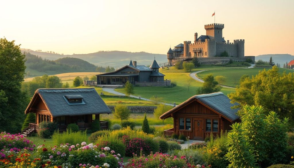 A panoramic view of a diverse Ukrainian countryside estate, showcasing various architectural styles and landscapes. In the foreground, a traditional wooden cottage with a thatched roof stands amidst a lush garden of vibrant flowers and verdant foliage. In the middle ground, a contemporary glass-and-steel villa nestles between rolling hills, its modern design contrasting with the natural surroundings. Further back, a medieval-inspired castle towers atop a rocky outcrop, its turrets and battlements silhouetted against a warm, golden sunset sky. The scene is bathed in soft, diffused lighting, creating a serene and inviting atmosphere that captures the essence of the Ukrainian countryside retreat.