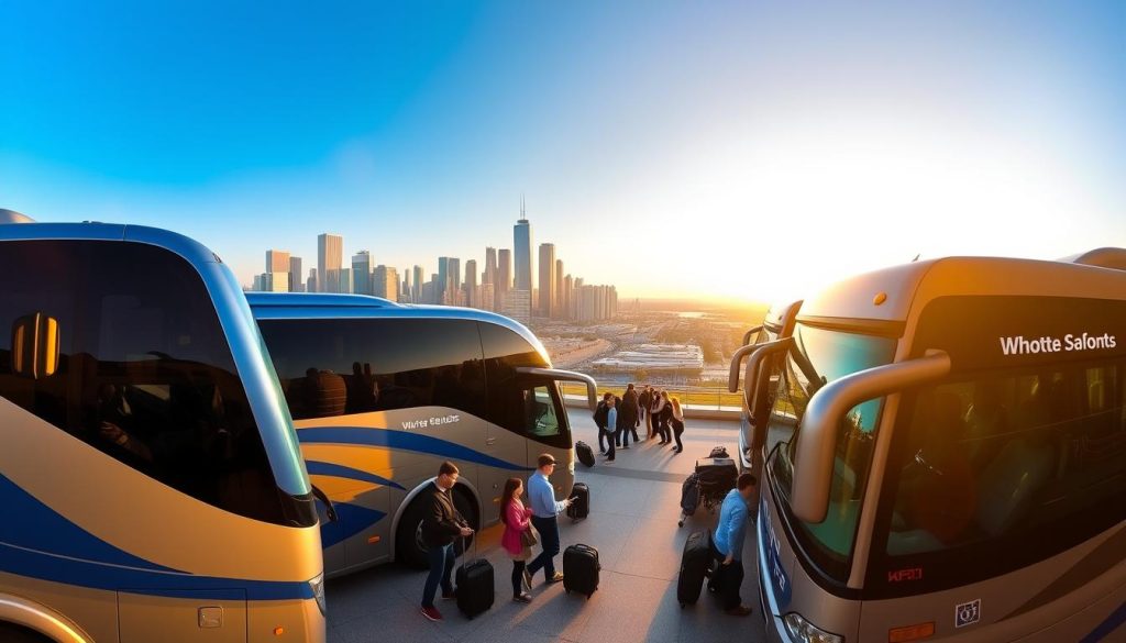 A panoramic view of a fleet of modern, comfortable buses parked in a spacious terminal. The buses feature sleek, aerodynamic designs in shades of blue and silver, with tinted windows and prominent branding. The terminal is bathed in warm, golden lighting, creating a welcoming atmosphere. In the middle ground, passengers can be seen boarding the buses, their luggage neatly stowed away. In the background, a cityscape with towering skyscrapers and a clear, blue sky provides a scenic backdrop. The overall scene conveys a sense of efficiency, reliability, and excitement for the upcoming bus tour adventure.