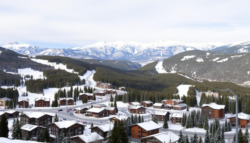 A panoramic view of a modern mountain resort nestled in rolling hills, with a network of well-groomed ski slopes winding through pristine, snow-covered forests. In the foreground, a bustling ski village with cozy alpine-style chalets, rustic lodges, and high-end hotels, their roofs dusted with a fresh layer of powdery snow. In the middle ground, state-of-the-art ski lifts and gondolas smoothly transport skiers and snowboarders to the slopes above. In the background, a majestic mountain range rises, its peaks glittering under the soft, diffused light of an overcast winter day, creating a serene and picturesque atmosphere.