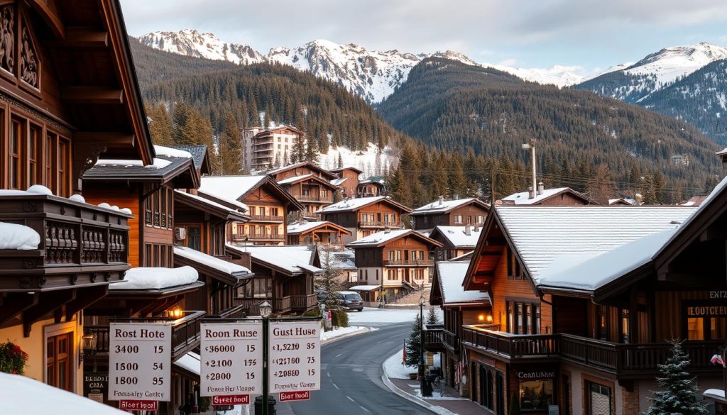 A panoramic view of a mountain resort town, Dragobrat, showcasing a range of accommodation options. The frame captures various hotels and guest houses nestled against the backdrop of snow-capped peaks and lush, evergreen forests. The foreground depicts a quaint street lined with traditional Carpathian-style buildings, their facades adorned with intricate wooden carvings. Warm lighting from the structures casts a cozy glow, complementing the crisp, winter atmosphere. The middle ground features informative signs displaying room rates and availability, allowing potential visitors to easily assess the pricing and booking options. The overall scene conveys a sense of rustic charm and Alpine elegance, inviting the viewer to explore the diverse lodging choices within the Dragobrat region.