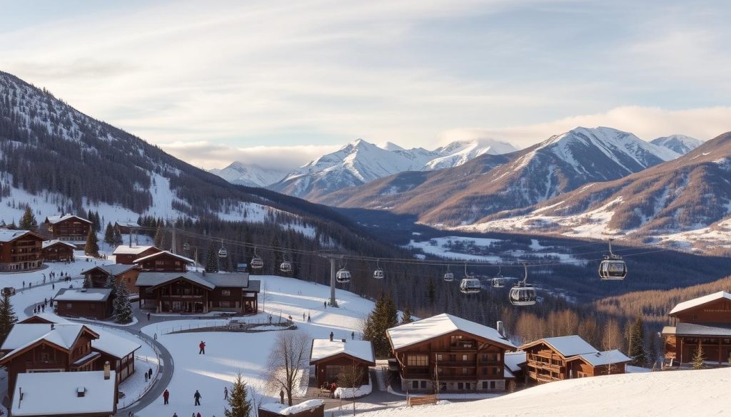 A panoramic view of a picturesque mountain resort nestled amidst snow-capped peaks. In the foreground, a quaint alpine village with charming wooden chalets and cobblestone streets. Skiers and snowboarders carve graceful turns on groomed slopes, while cozy après-ski lounges beckon with warm fireplaces and local cuisine. The middle ground features a network of ski lifts and gondolas transporting adventurous visitors to higher elevations, where untouched powder snow awaits. In the distance, rugged, jagged mountain ridges rise majestically, their summits shrouded in wispy clouds. The scene is bathed in a golden, soft natural light, creating a serene and inviting atmosphere.